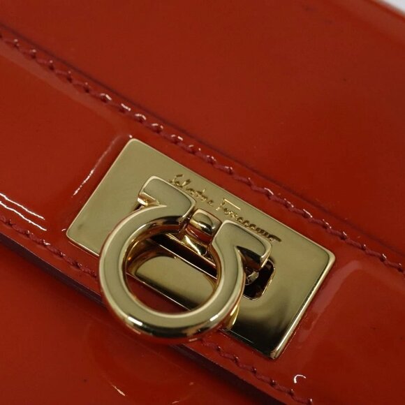 Salvatore Ferragamo Gancini Hand Bag Enamel 2way Orange Gold Auth - Picture 12 of 16